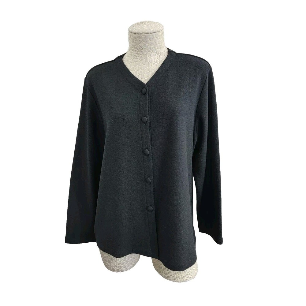 Eileen Fisher L 100% Wool Black Sweater Coat Button Cardigan Duster Designer EUC